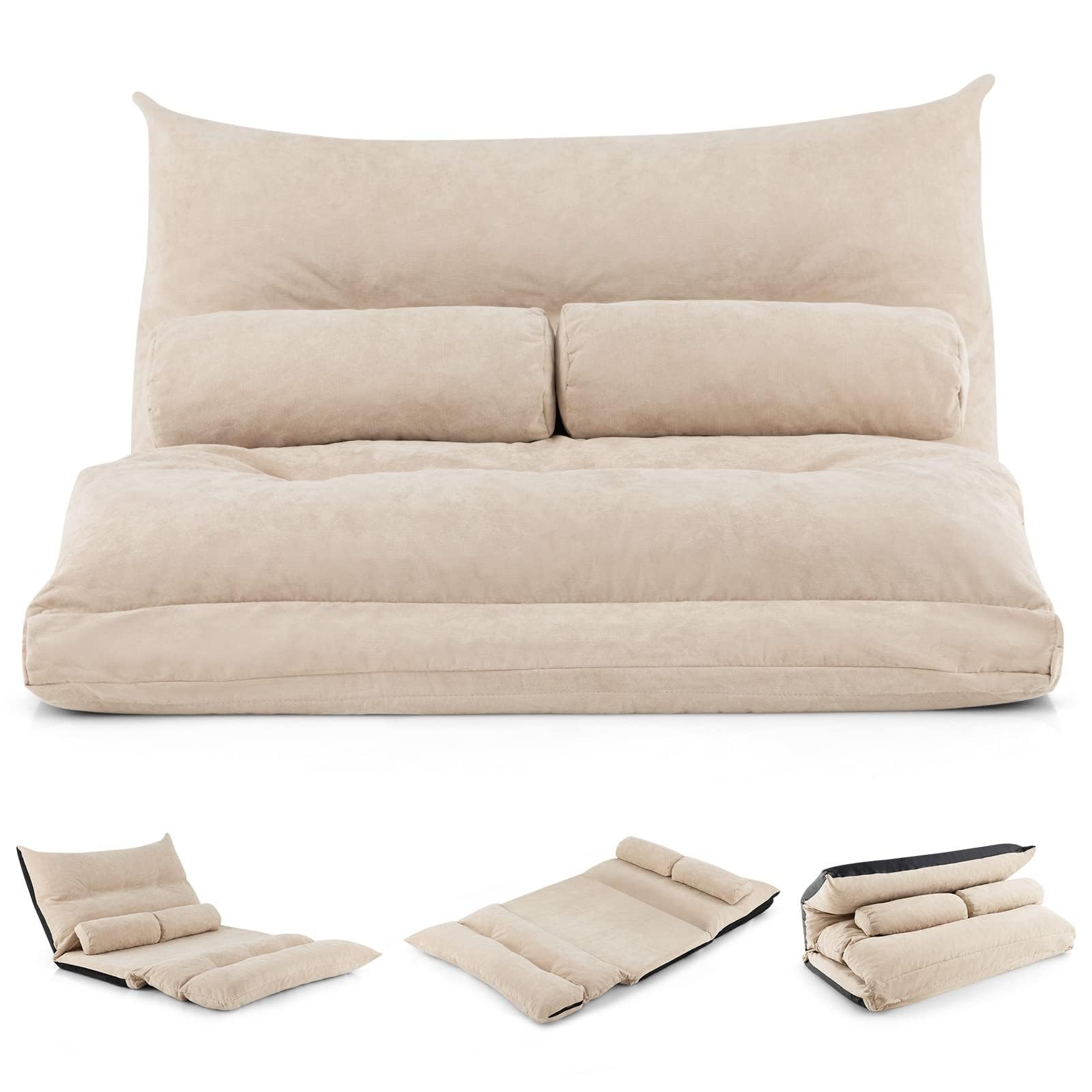 RELAX4LIFE Bodensofa Klappbar, Schlafsofa 3 in 1, Schlafsessel mit 42-Stufig Verstellbarer Rückenlehne, Klappsofa mit Bettfunktion, Sofabett inkl. 2 Kissen, für Wohnzimmer & Schlafzimmer (Beige)