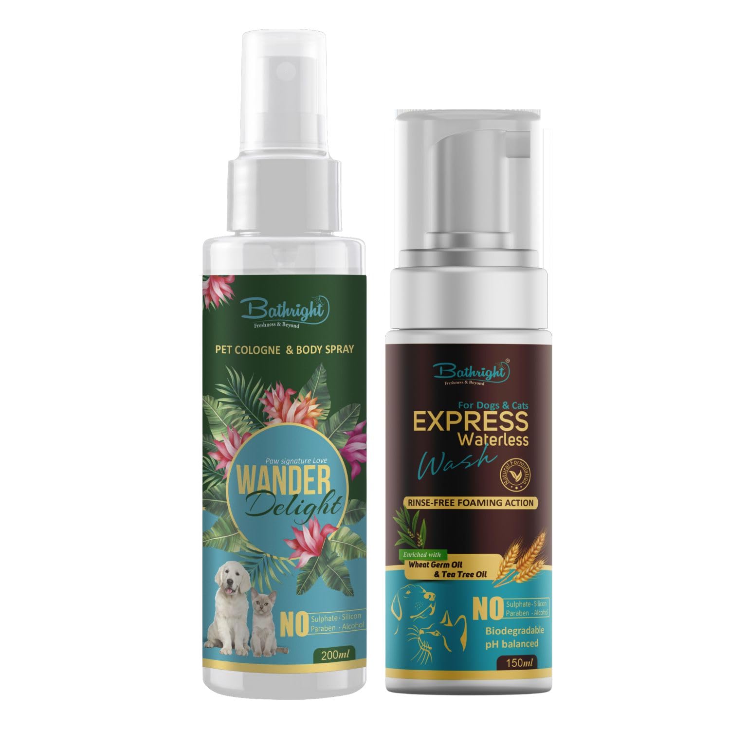 Bathright Combo | Wander Delight 200 ml | Pet Cologne & Body Spray for all pets | Dog Fragrance Spray + Express Waterless wash for dogs & cats 150 ml | Natural dry shampoo for pets