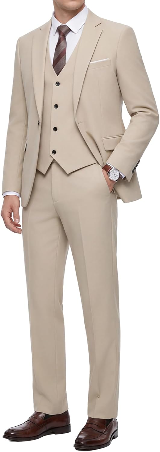 WULFUL Men's 3 Piece Slim Fit Suit Set Stretch One Button Blazer Jacket Vest & Pants Tuxedo for Party Wedding Business