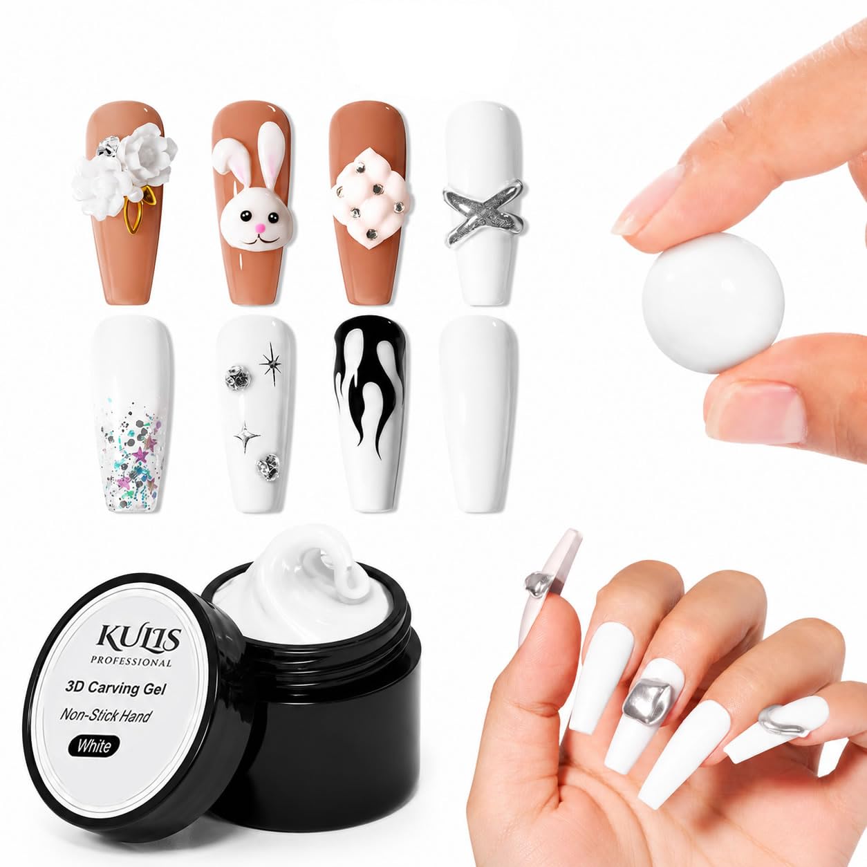 Kulis 3D Carving Gel for Nail Art – White 8g Non-Sticky SculptingGel for 3D Flowers, Bows & Embossed Nail Designs | UV/LED Curing Nail Sculpture GelArt for Salon & Home DIY Nail Art-image-2