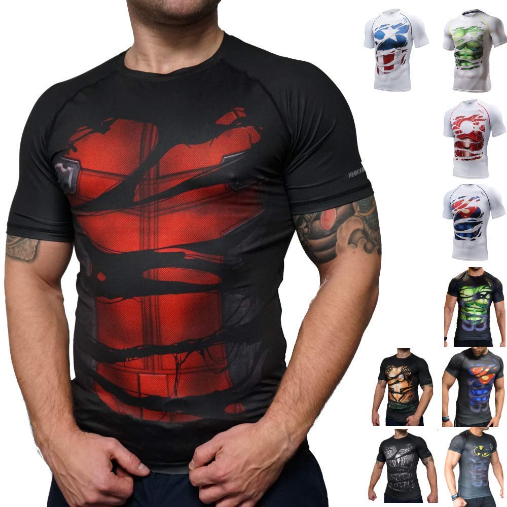 Khroom® Men's Short-Sleeved Compression Shirt Breathable in Hero Design Compression Shirt Functional Shirt Undershirt for Fitness, Gym, Jogging, mens, Deadpool Schwarz, XXX-Large