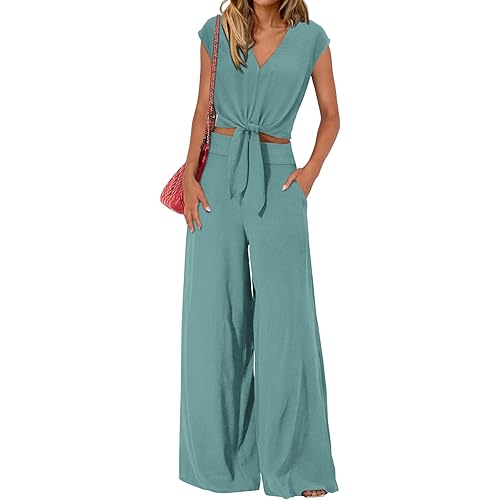 PRETTYGARDEN Women's Summer 2 Piece Outfits 2025 Cap Sleeve V Neck Belted Crop Tops Wide Leg Pant Sets Casual Tracksuit