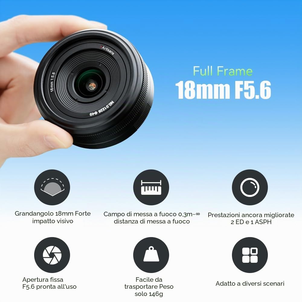 7artisans 18mm F5.6 Full Frame Obiettivo per Sony E Mount, Ultra-Wide Angle Pancake Obiettivo Compatibile con Sony E-Mount Fotocamere A5000 A6000 A6100 A6300 A6400 A6500 A6600 NEX-3 NEX-3N