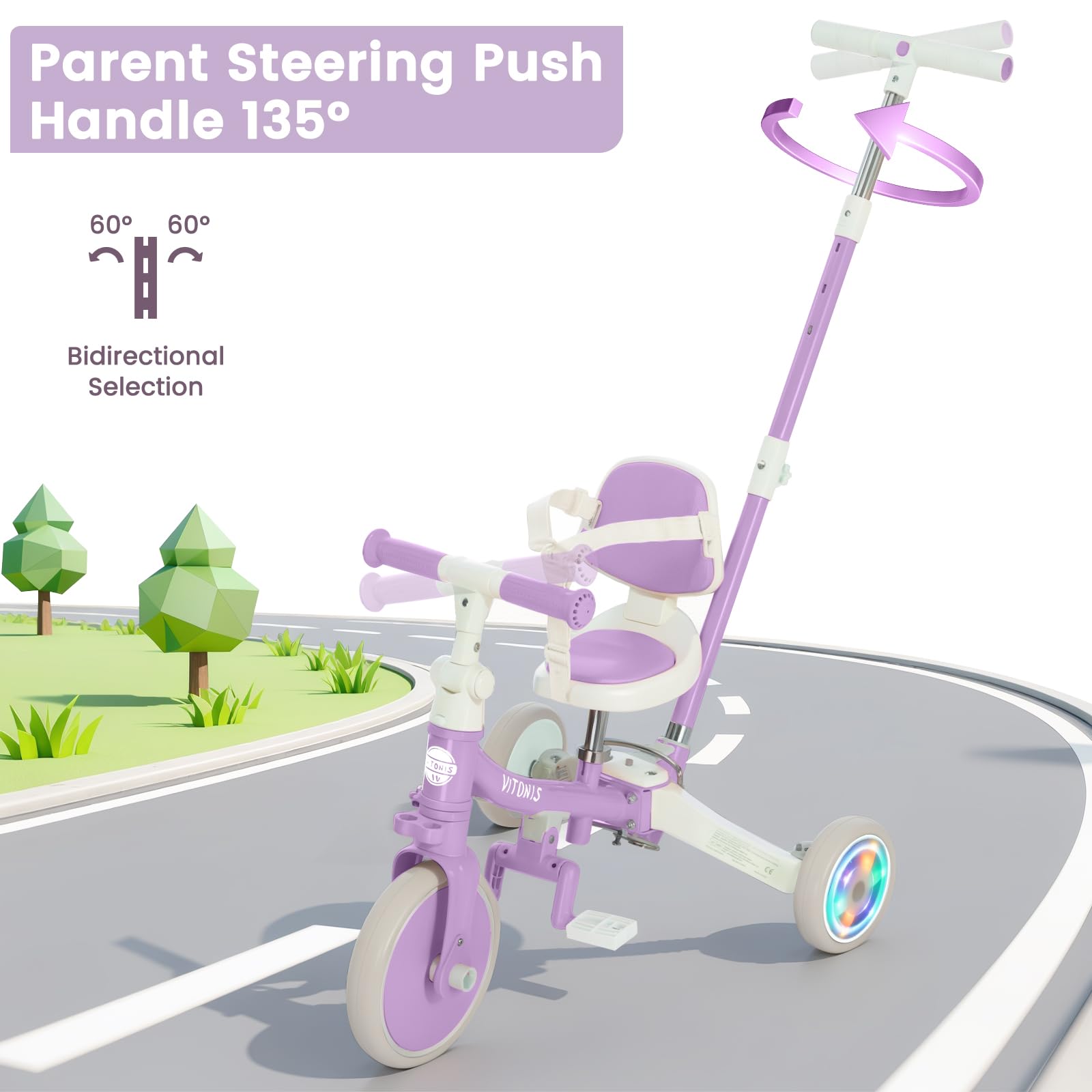 VITONIS Triciclo Infantil 5 en 1 para niños de 18 Meses a 5 años, con Ruedas Luminosas, Barra de Empuje, Respaldo y cinturón de Seguridad, Regalo para niños y niñas, Bicicleta sin Pedales, Morado