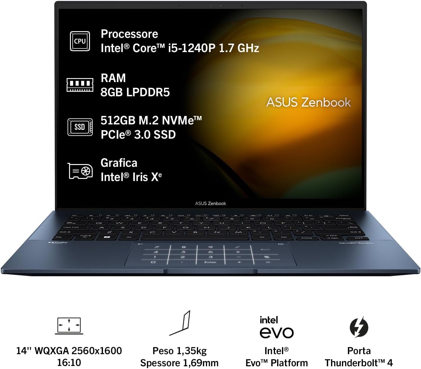 ASUS Zenbook 14 UX3402ZA, Notebook in Alluminio 14 2,8K Glossy, Intel Core 12ma, Generazione i5-1240P, RAM 8GB, 512GB SSD PCIE, Grafica Intel Iris Xe, Windows 11 Home, Blu ASUS Zenbook 14 UX3402ZA, Notebook in Alluminio 14 2,8K Glossy, Intel Core 12ma, Generazione i5-1240P, RAM 8GB, 512GB SSD PCIE, Grafica Intel Iris Xe, Windows 11 Home, Blu