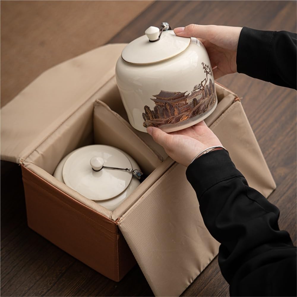 Organizador de Bolsitas de Té Tarros de cerámica for almacenamiento de té a granel, caja de regalo creativa de doble tarro, contenedor de té de estilo chino Retro, caja de regalo de té sellada Organiz