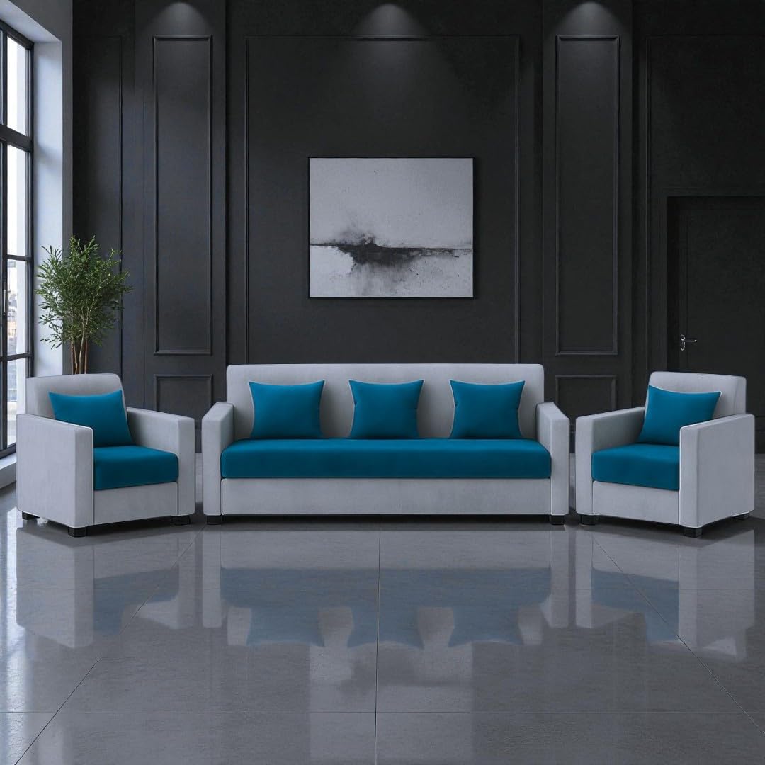 FURNY Lexon 5 Seater Fabric 3+1+1 Sofa Set (Aqua Blue-Light Grey) | Premium Velvet Finish | Durable & Comfortable | Ideal for Living Room-image-30