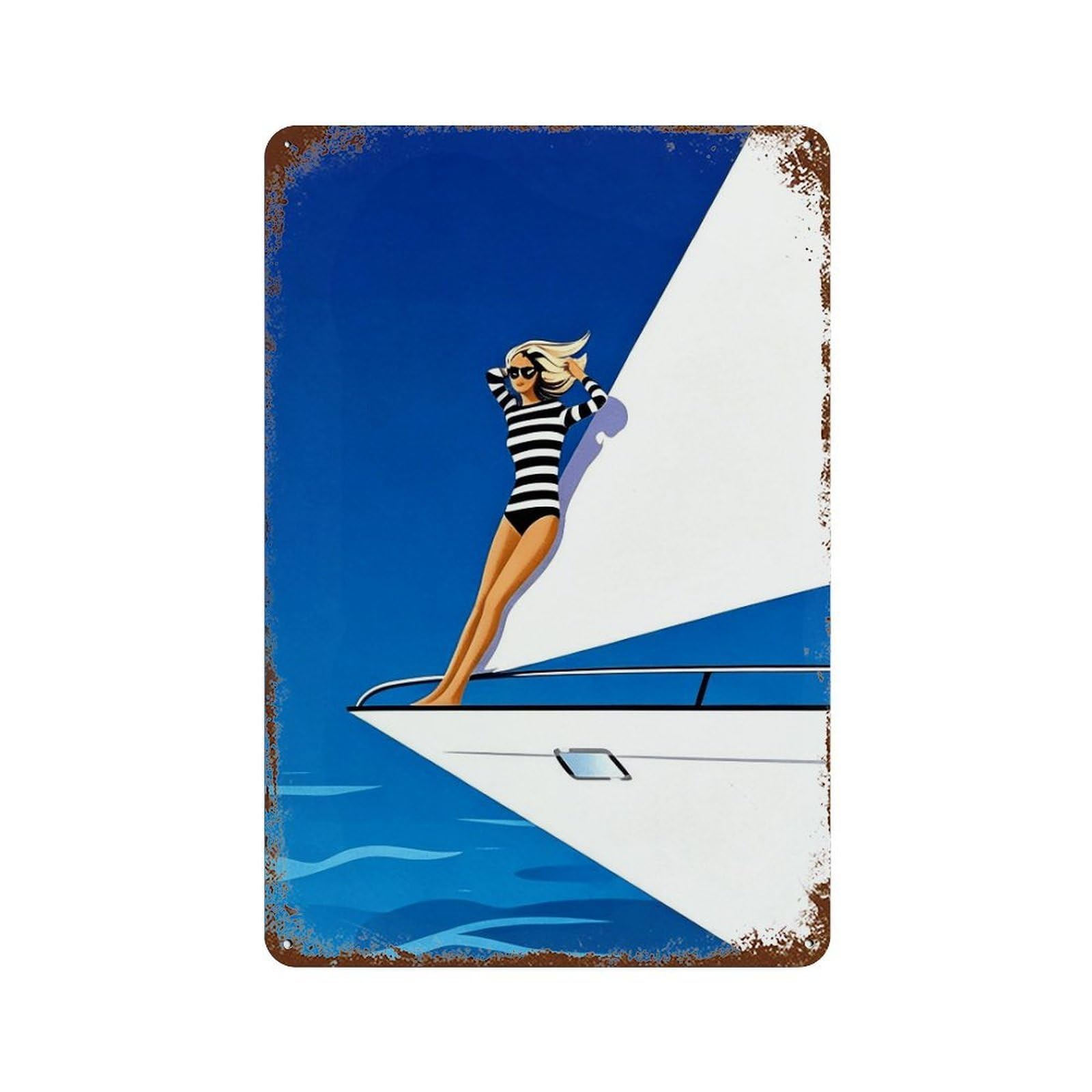 Wihyrtui Women's Style Retro Geometric Yacht Coastal Silhouette 02 Wall Retro Iron Metal Tin Sign Vintage Art Poster Modern Home Cofffee Club Art Bar Shop Decor 30X20cm