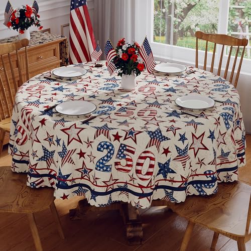 Siilues 4th of July Tablecloth Round 70 Inch 250 Anniversary USA Merchandise Patriotic Decorations Washable America Memorial Day 250 Blue Red Stars Table Cloth Waterproof Scalloped Edge Table Cover