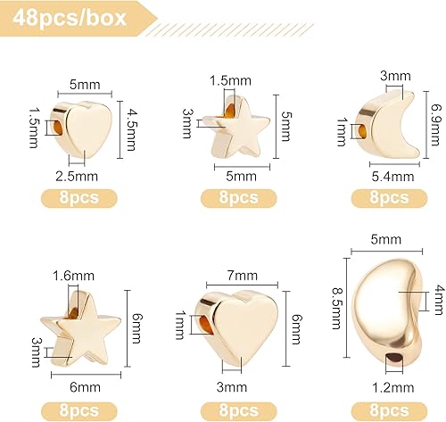 Miniatura 2 de BENECREAT 48 cuentas sueltas de estilo mixto con diseño de estrella, luna y corazón, cuentas de latón chapadas en oro de 18 quilates para hacer