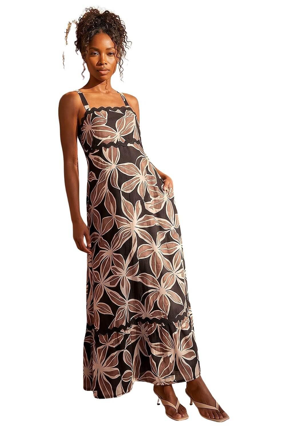 Roman Originals Women's Floral Mocha Floral Ric Rac Maxi Dress For Uk - Everyday Holiday Spring Summer Square Neckline Comfy Soft Evening Vacation Work Party - Size 12