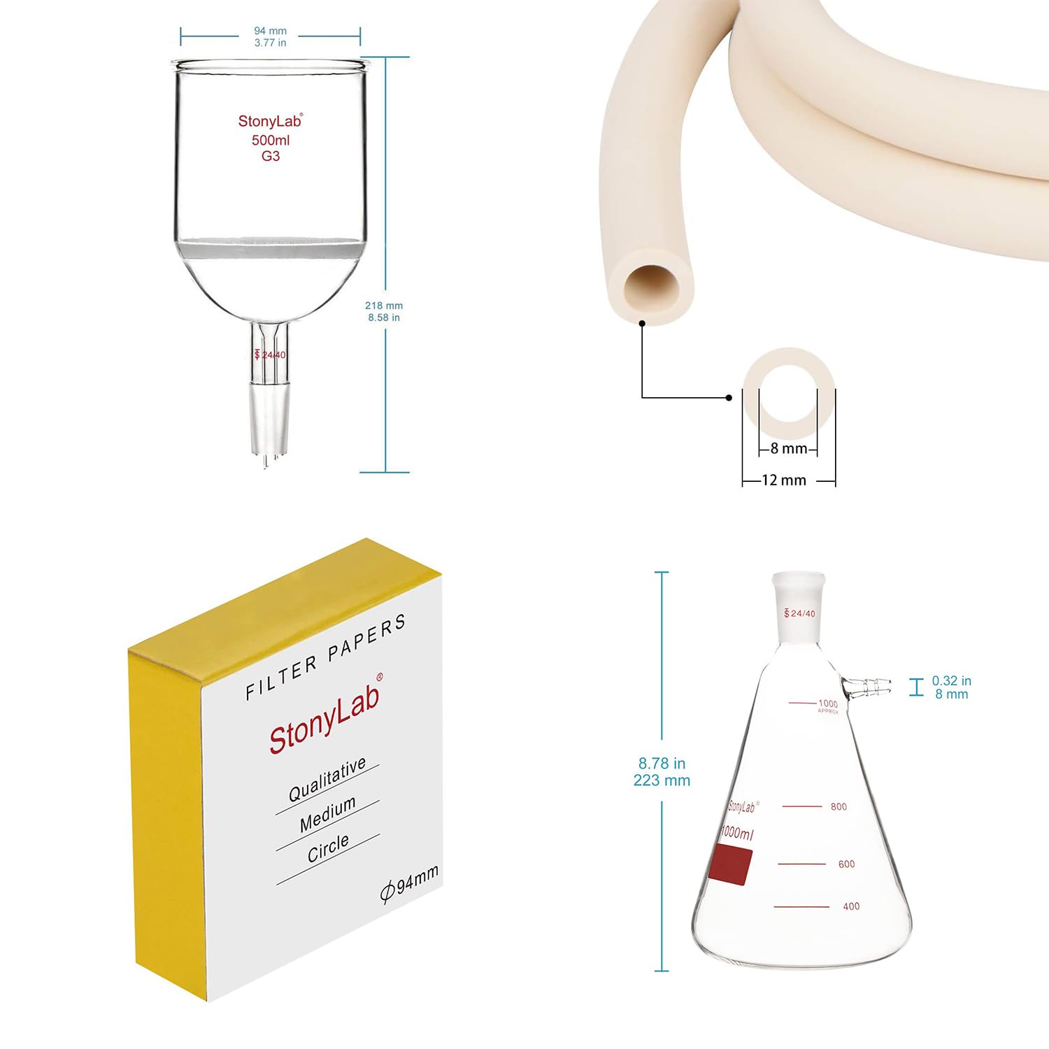 Buchner Filtering Funnel, Filtering Flask, Qualitative Filter Paper Bundle with Vacuum Rubber Tubing - stonylab Bundle