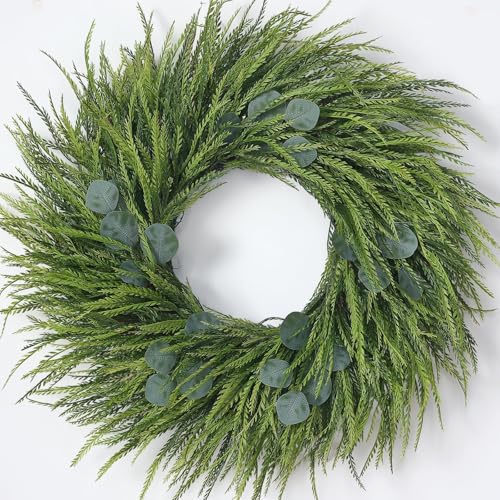 26 Artificial Saw Grass Wreath with Fake Eucalyptus for Front Door