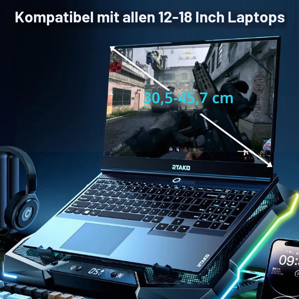 G-STORY Laptop Kühlpad,Laptop Kühlpads für 12-18 Zoll Notebook,10 Lüfter mit LEDs,Laptop Cooling Pad 8 höhenverstellbare Stände und 1 USB Port