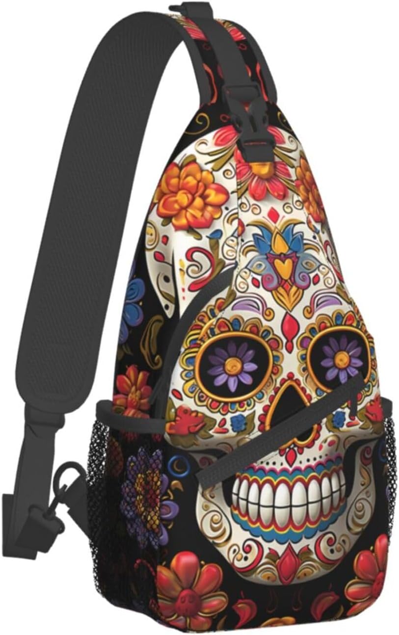 Sugar Skulls Crossbody Sling Backpack Sling Bag for Women Hiking Daypack Chest Bag Shoulder Bag