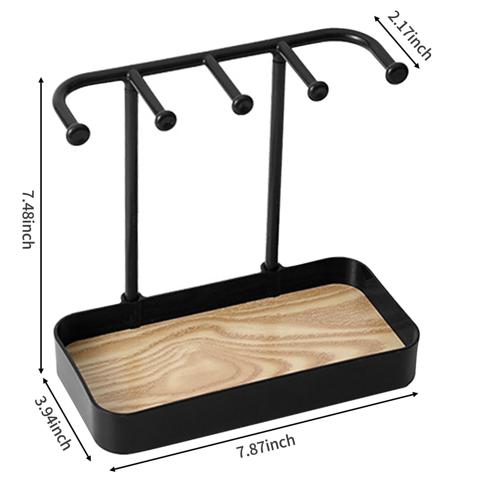Jewelry Organizer Stand, Necklaces Holder with Wooden Tray, Necklace Display Stand Jewelry Storage Hooks for Necklace, Bracelets, Earrings, Ring, Keys, Watches (Black)