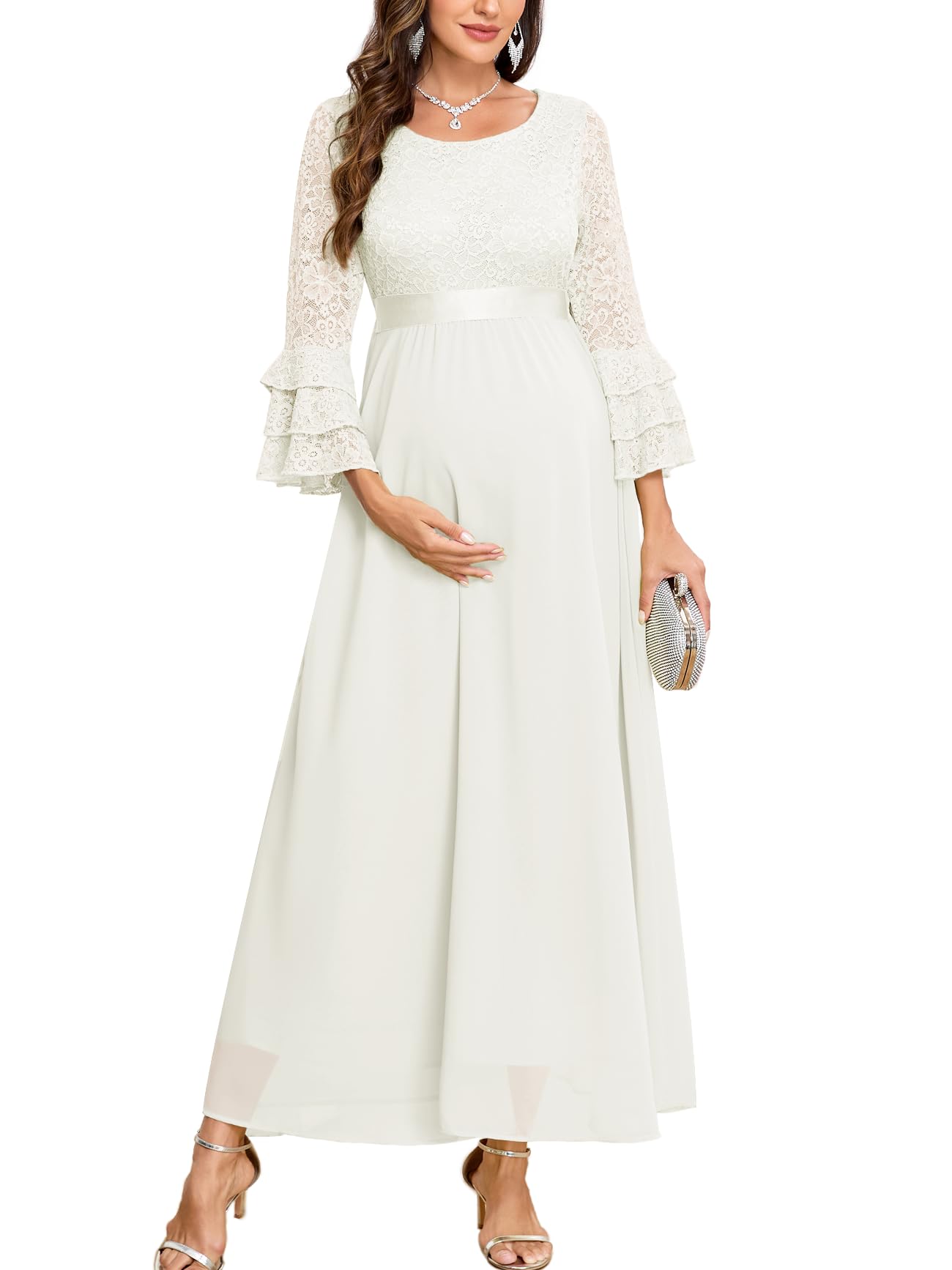 CYCLAMEN Floral Lace Maternity Maxi Dress Ruffle Bell Sleeves Crew Neck Elegant Chiffon Evening Gown Baby Shower Wedding