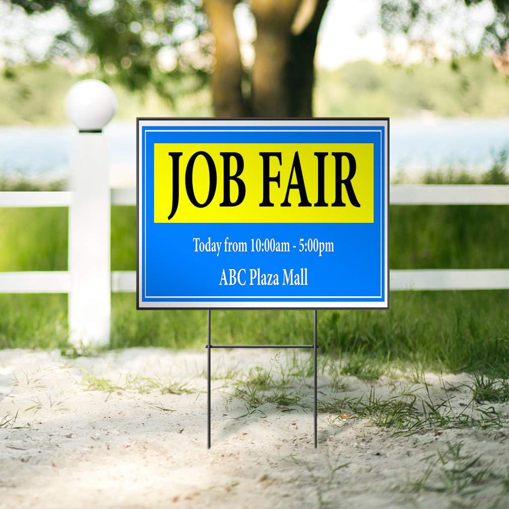 Custom Personalized Yard Sign Job Fair Today from Times Location Blue One Side Print 24inx18in