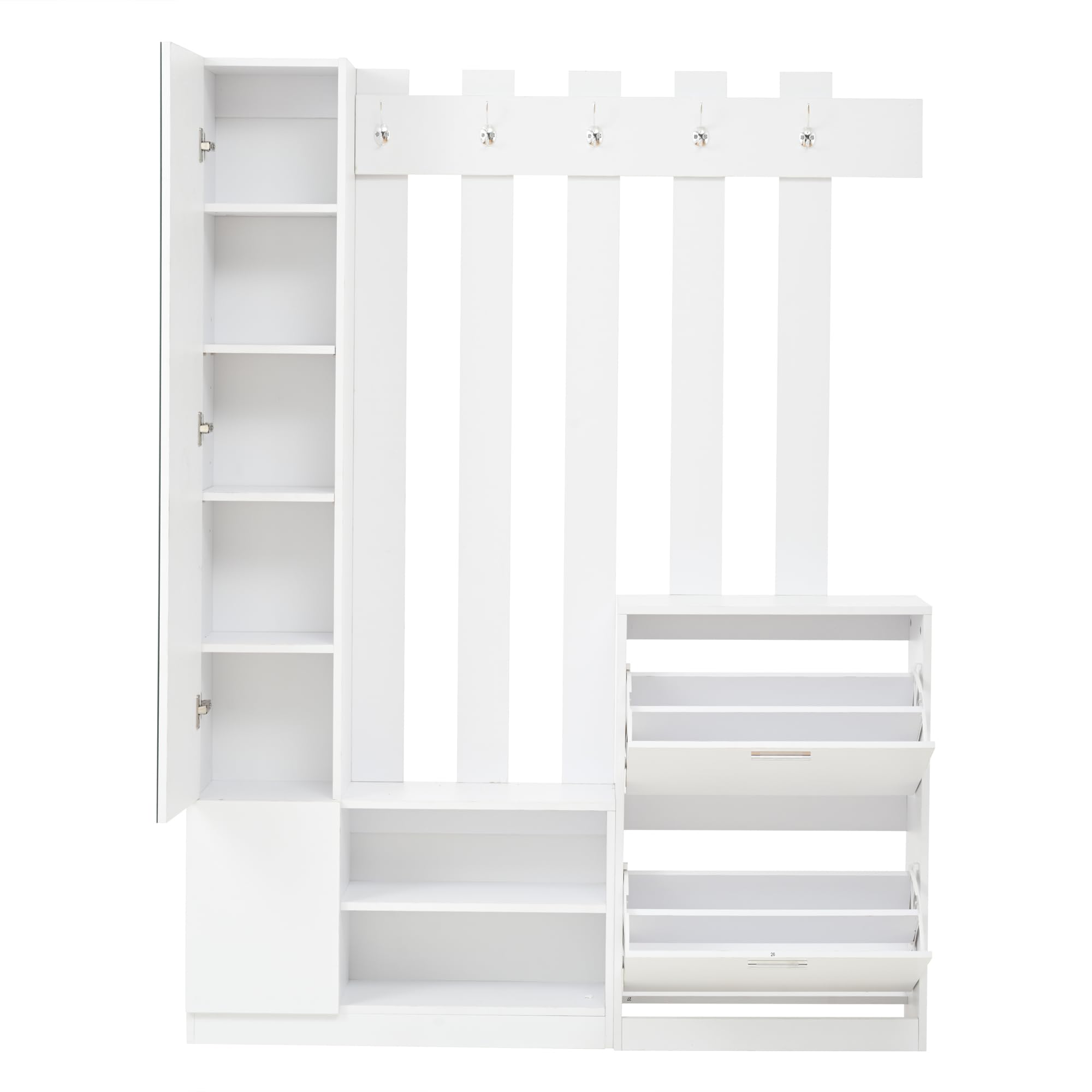 Garderobenset Wandgarderobe mit Klapptüren Schuhschränken und Spiegel, Weiß, 135x25x180 cm