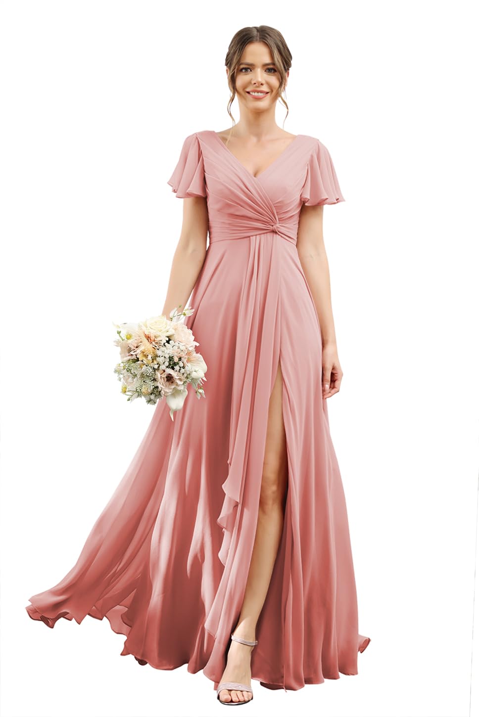 StylefunWomen's V Neck Bridesmaid Dresses with Slit Pleated High Waist Long Formal Dress with Pockets CYM131