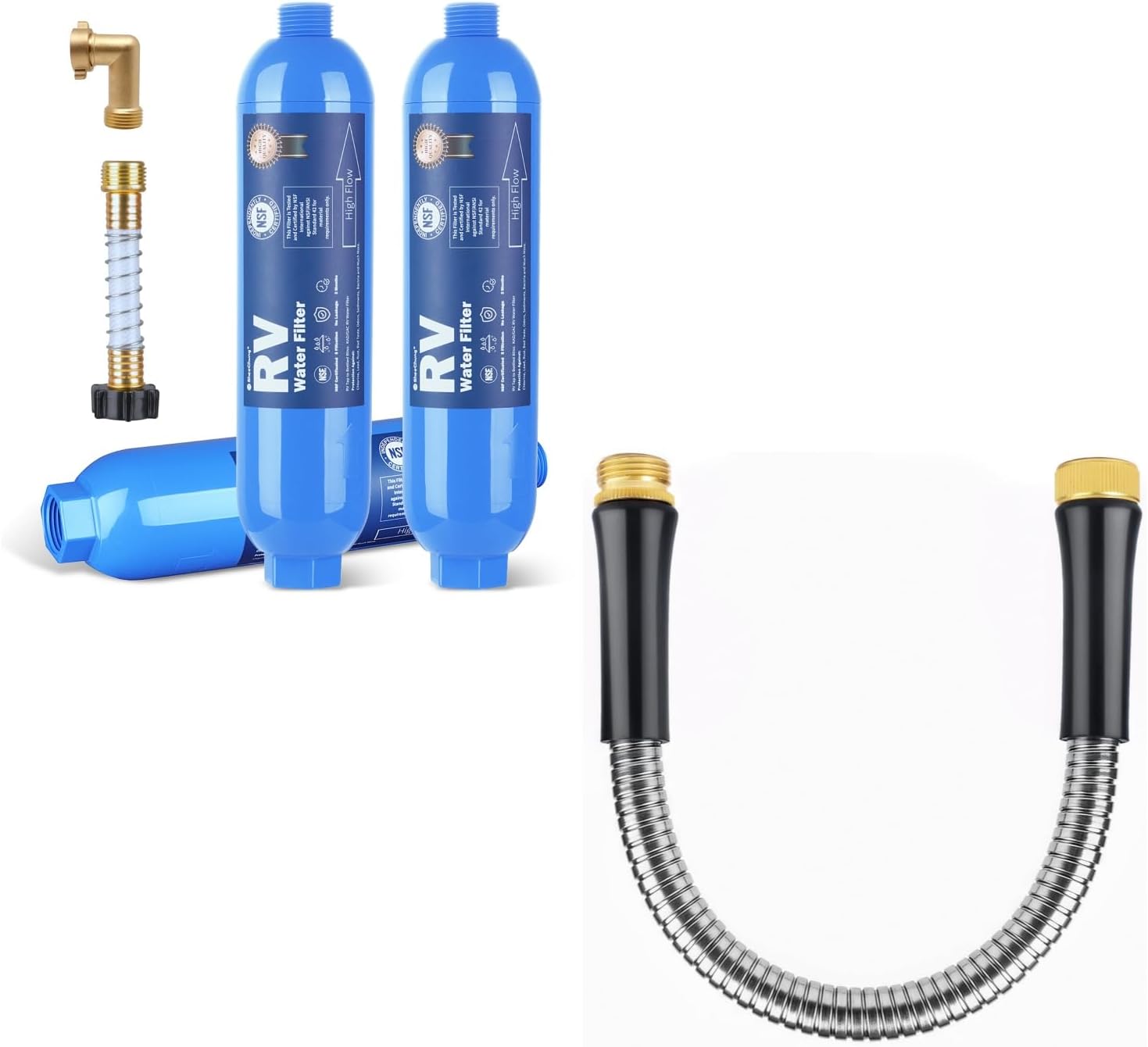 SheeChung 3 Pack RV Inline Hose Water Filter with Brass 90 Degree Elbow & Flexible Hose Protector and Short Garden Hose 1ft x 5/8", Heavy Duty 304 Stainless Steel Garden Hose
