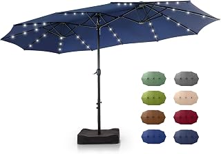 GREENPARTY 15ft Rectangle Patio Umbrella with Solar Lights & Base, Crank, UPF 50+ Navy Blue Outdoor Shade for Patio Pool Garden