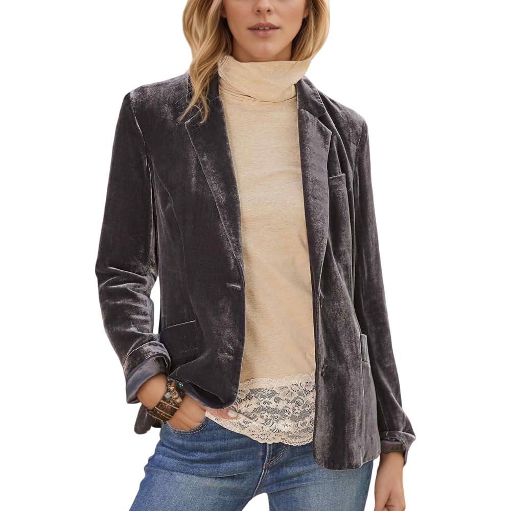 TIAFORD Womens Velvet Blazer Cozy Lightweight Outerwear Retro Button Long Sleeve Jacket Cardigan Coat Office Blazer Pockets