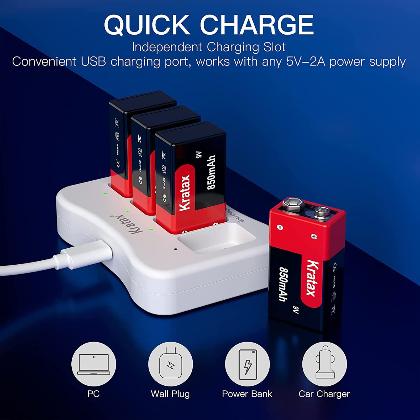 Kratax Pile 9V 850mAh Rechargeable Batterie au Lithium et Chargeur pour Détecteur de Fumée, Alarme Incendie, Multimètre, Microphone sans Fil, [4 Piles et 1 Chargeur]