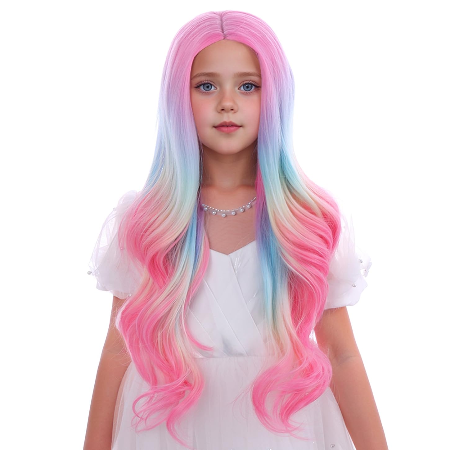 Kid Colorful Wig Long Rainbow Wig for Girls Children Multi-color Wavy Curly Middle Part Wigs Include Wigs Cap