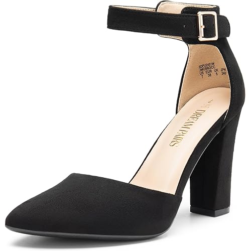 DREAM PAIRS Women's Chunky High Heels Dress Pumps Closed Pointed Toe Block Ankle Strap Shoes for Wedding Party