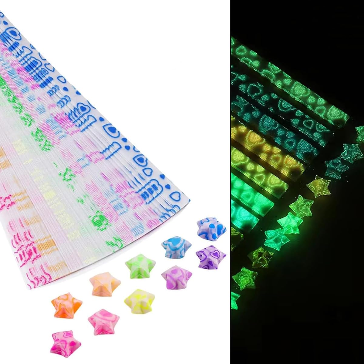 HASTHIP® 210Pcs Heart-shaped Glow Star Origami Paper - 10 Assortment Color Star Paper Strip, 8.6" Heart Print Glossy Lucky Stars Decoration Paper Strips for DIY Hand Art Crafts Decor Gifts
