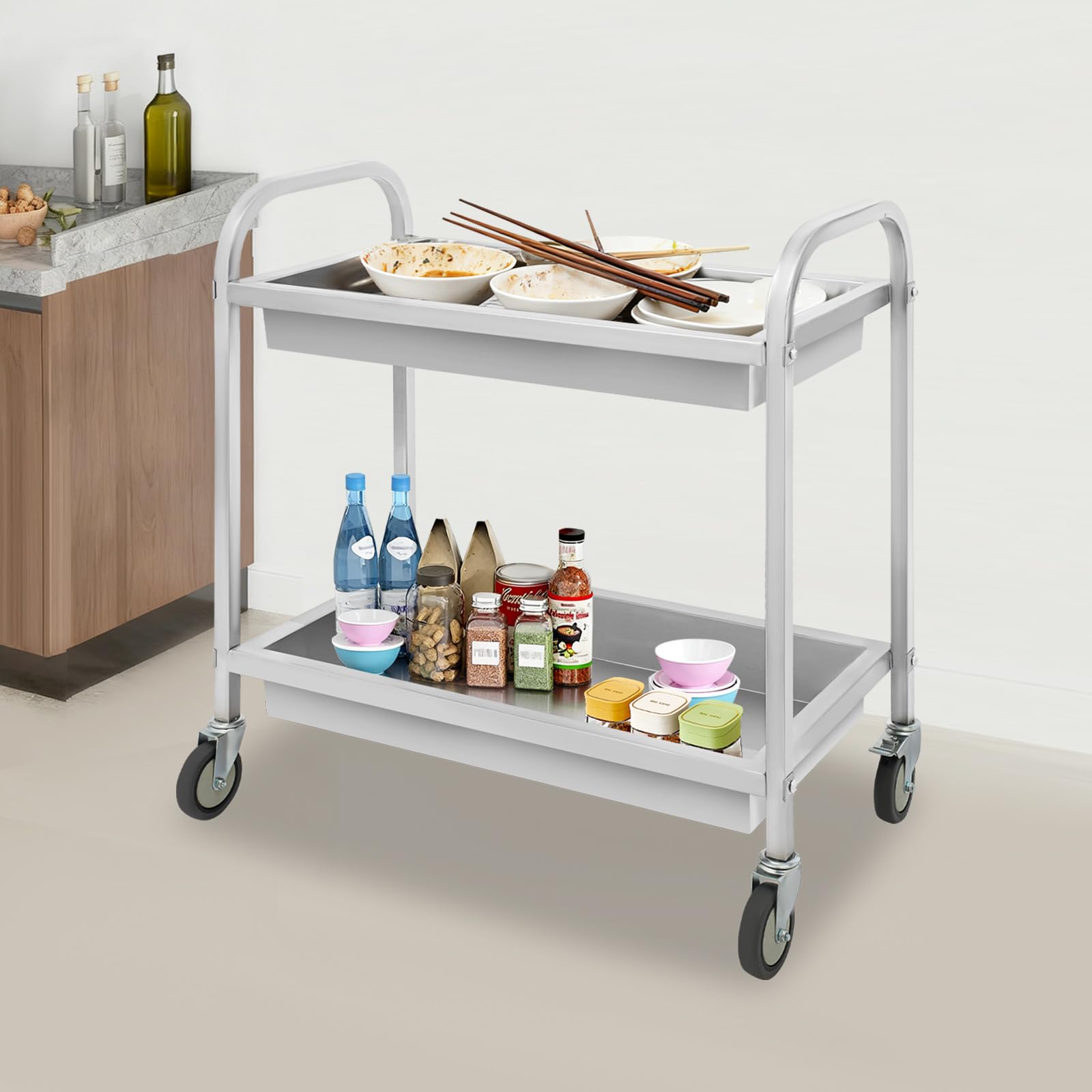 Carro de servicio con ruedas de 2 Davon, carro de cocina de acero inoxidable 201 con 2 niveles, carro de bar hasta 75 kg, clásico y duradero, carrito para servicio y personal de cocina, 85