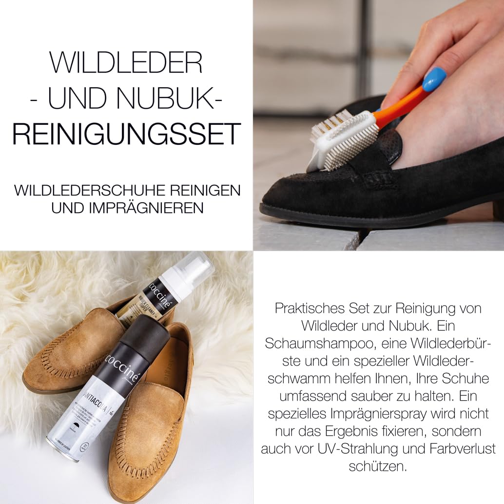 Cocciné - Kit de nettoyage pour daim et nubuck - Entretien des chaussures - Protection de la couleur - Chaussures en daim - Nettoyage et imperméabilisation des chaussures en daim - Kit de nettoyage et