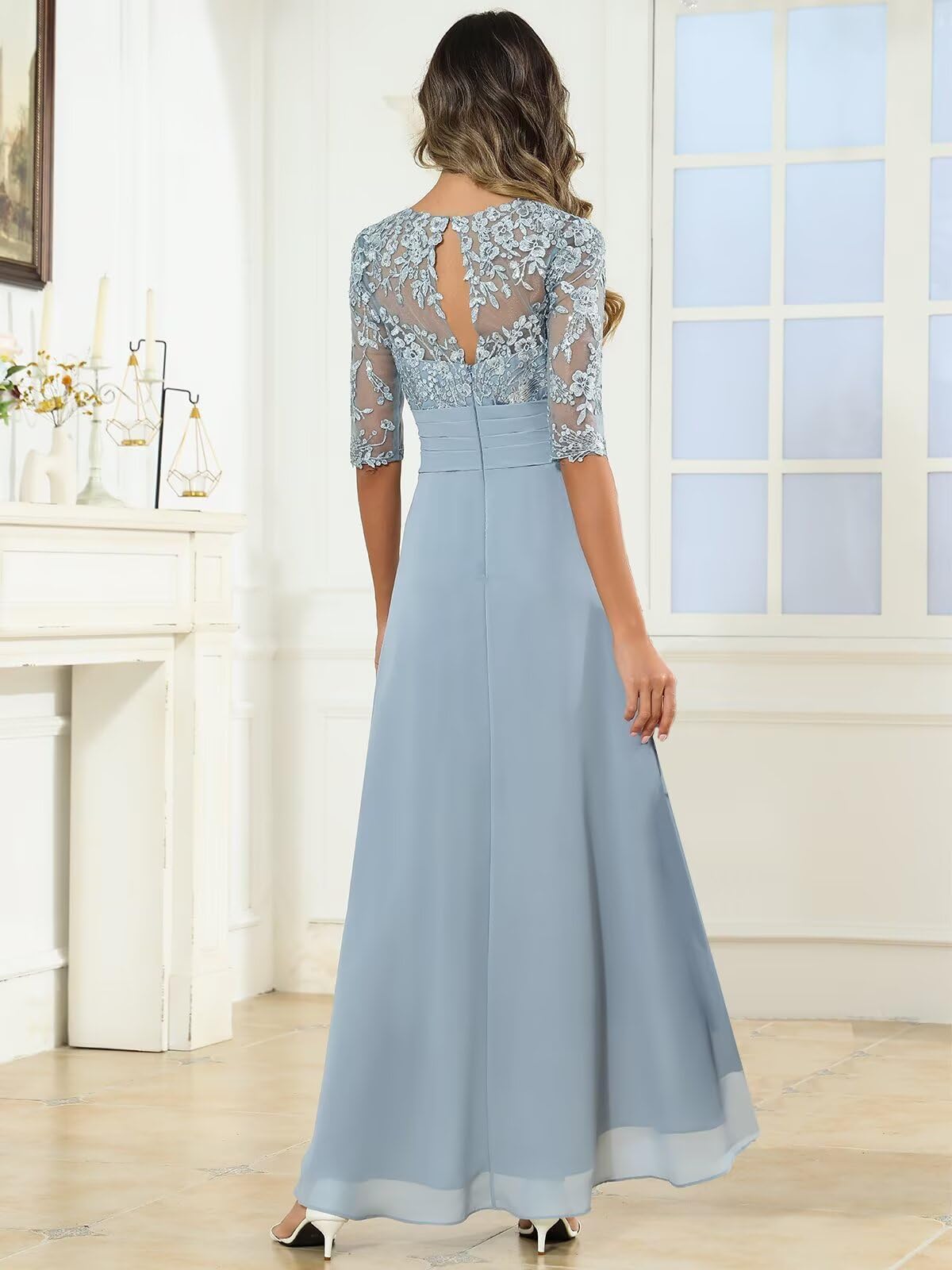 Damen Elegant Brautmutterkleider Chiffon Lang Spitzen Abendkleider A-Linie Festliche Damenkleider Brautmutter Kleid Für Hochzeit