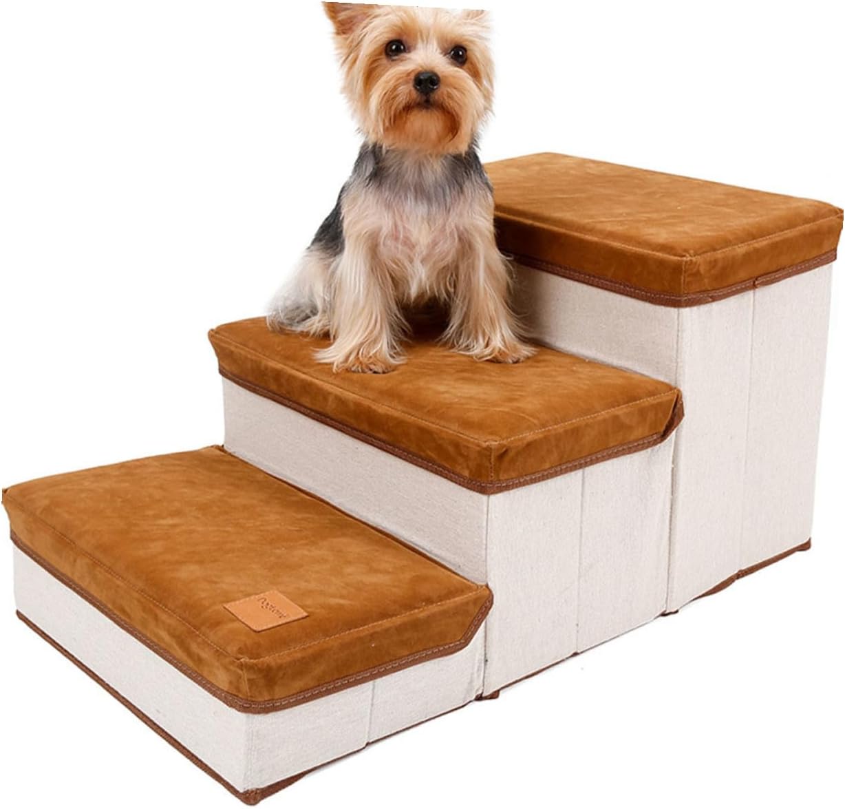 Foldable Three-Step Dog Stair Ladder with Storage Lightweight Pet Stair for Puppies and Small Dogs Brown Non-Slip Puppy for Couch and Bed Access