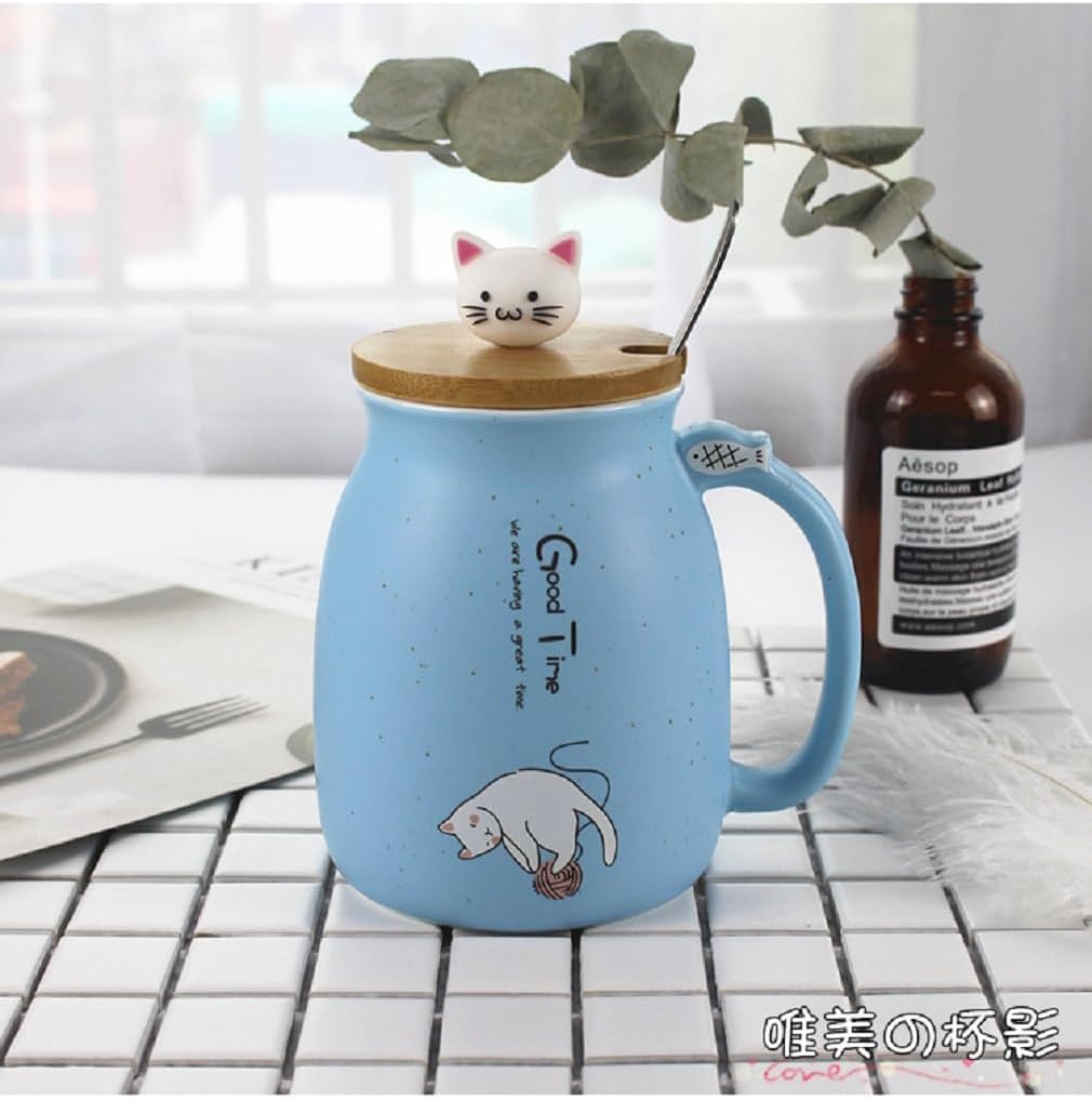 Kawaii Cup 450ml - Large Cat Mug with Lid & Spoon - Tea & Coffee Mug - Original Japanese Mug - Japan Asia Gift Idea - Cute Kitty - Blue