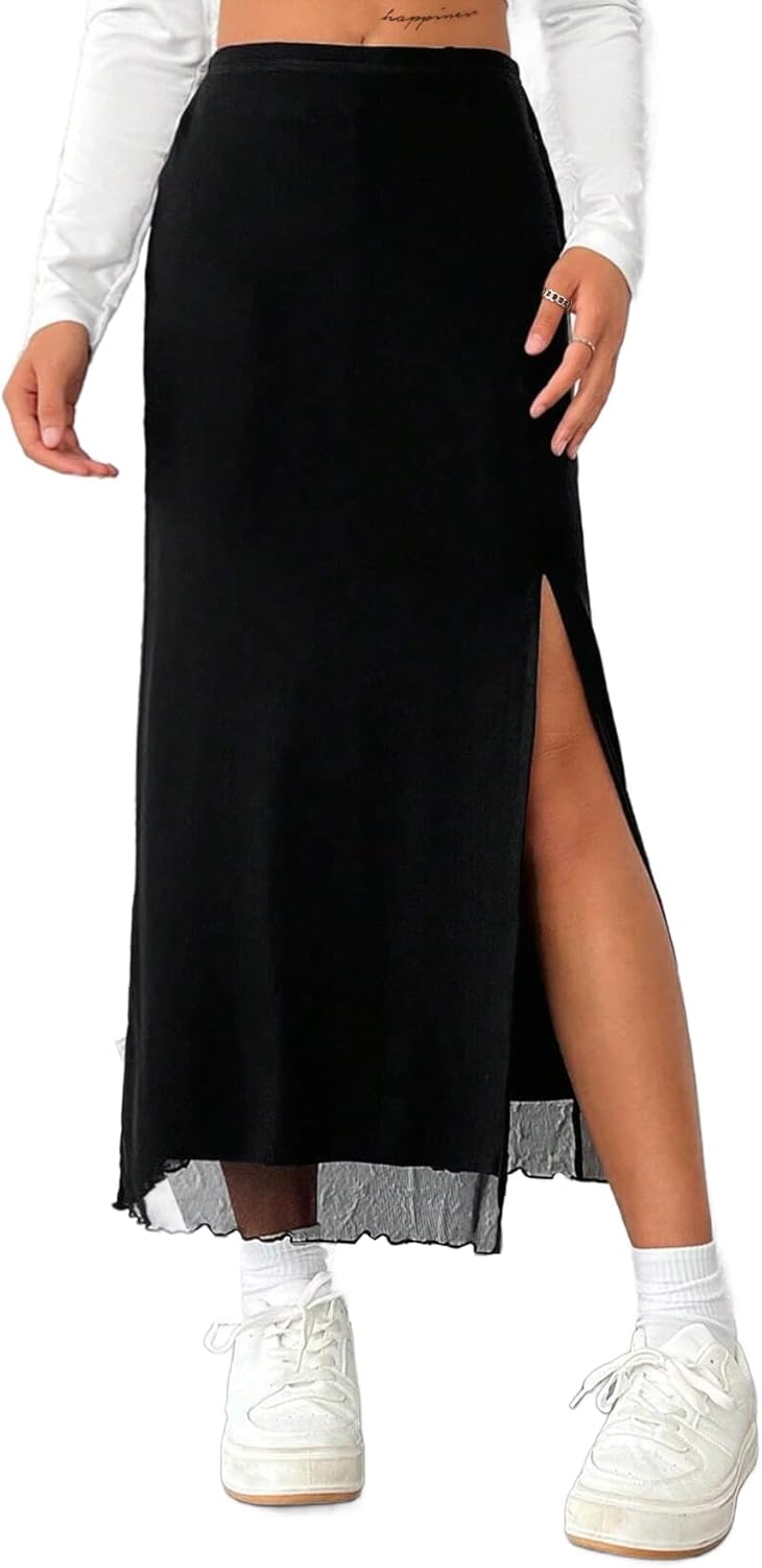 Avanova Women's Mesh Slit Split Long Skirts High Waisted Sexy Summer Maxi Skirts
