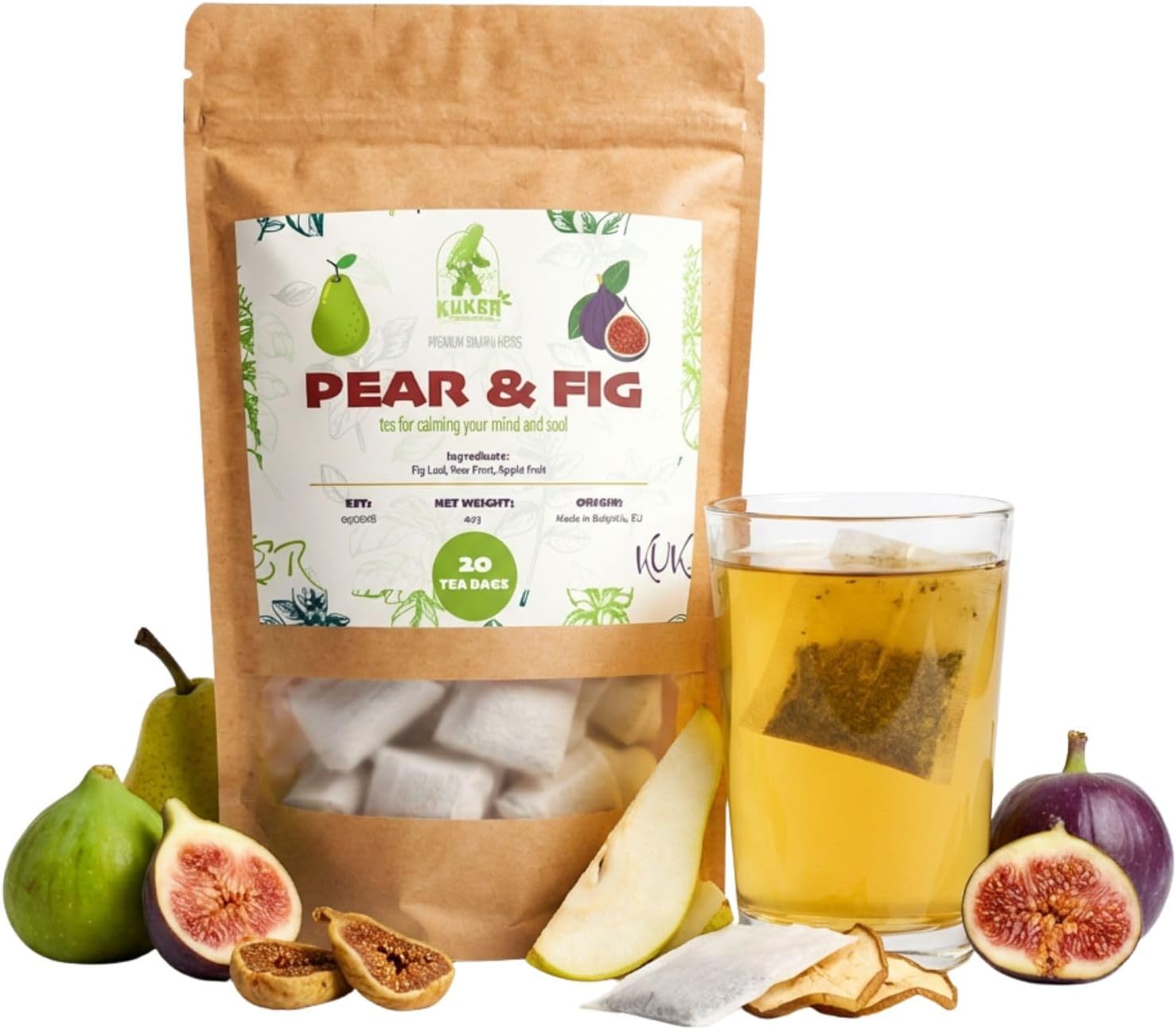 Pear & Fig Fruit Tea Bags – Naturally Flavoured Herbal Tea Infusion | Sweet Pear & Fig Fruit Blend | Caffeine Free Night Tea | Plastic Free Tea Bags | 20 Tea Bags