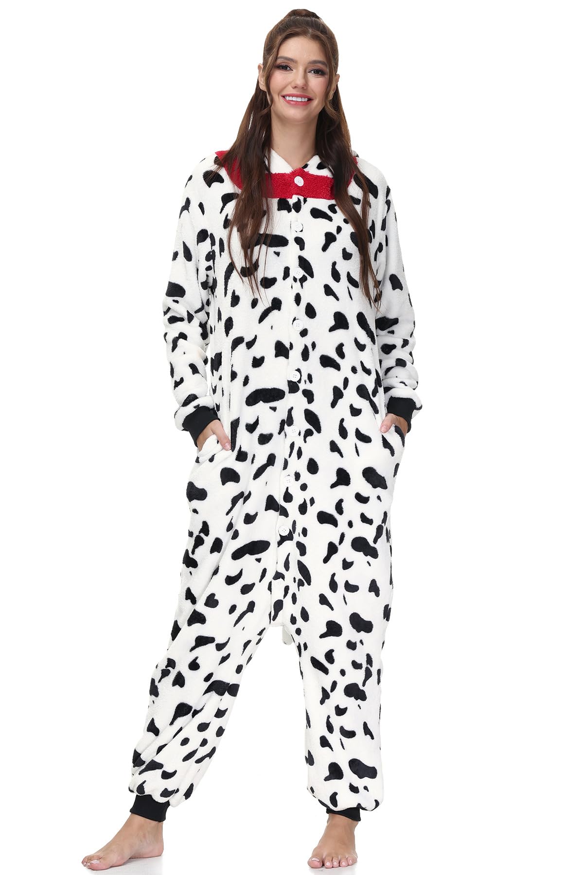 Clarisbelle Ropa de fiesta para mujer, Halloween, adultos, animales dálmatas, pijamas enteros de felpa de franela con cremallera, talla XL, Dálmata