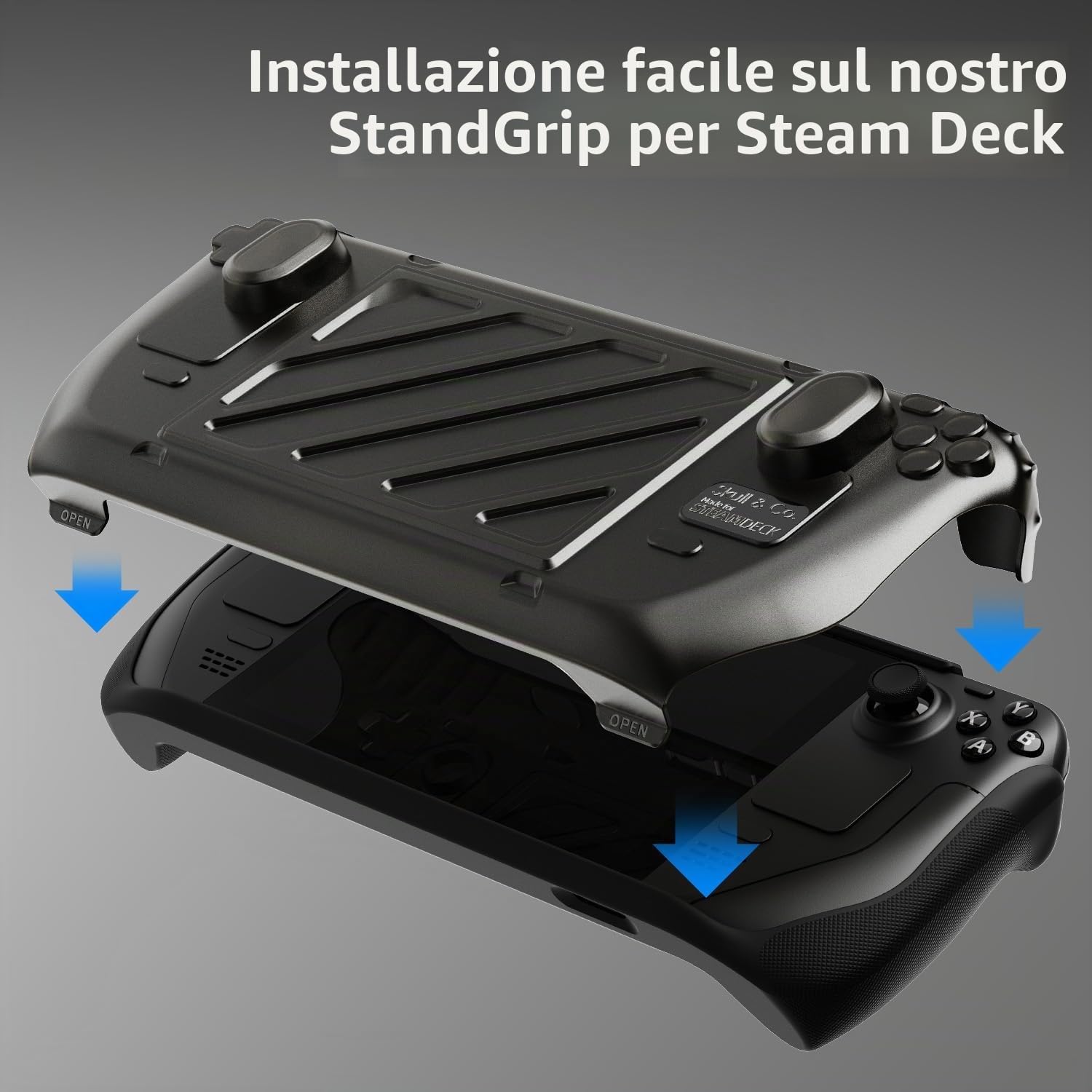 Skull & Co. Stand Grip GripCase Front Cover Bundle for Steam Deck/OLED: Protective Case with Textured Grips Full Protection with HardShell Front Cover Handheld Design- Smoky Black