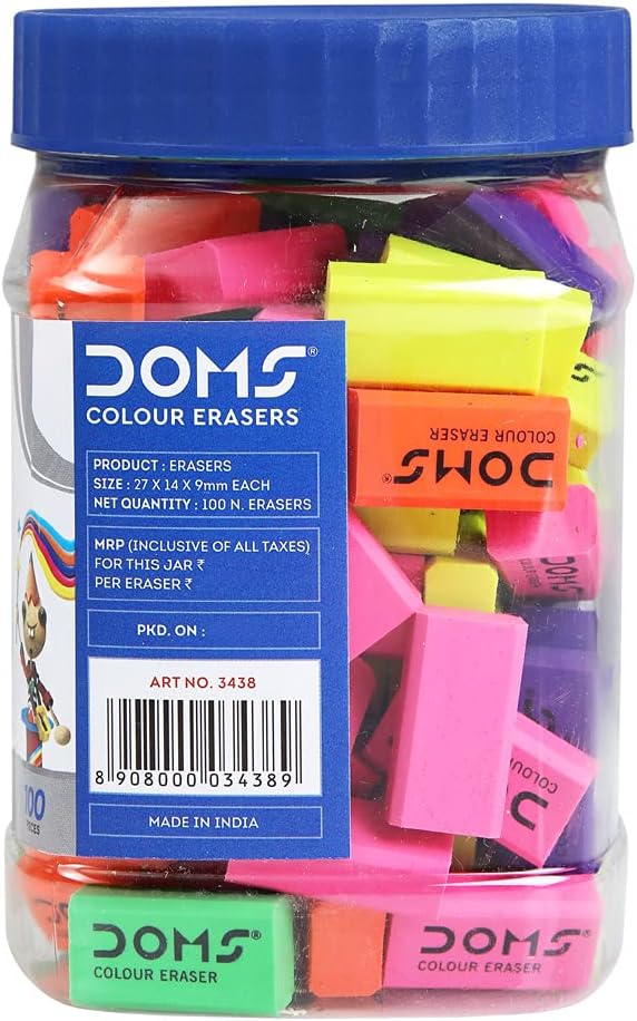 Doms Non-Toxic Dust Free Coloured Erasers Jar Pack Set (Pack of 100 x 2 Set), Multicolor (Model Number: DM3438P2)