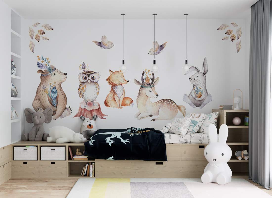 Adesivo da parete con animali della foresta I cervo, volpe, orso, uccelli, per cameretta dei bambini, os8807 (145 x 120 cm)