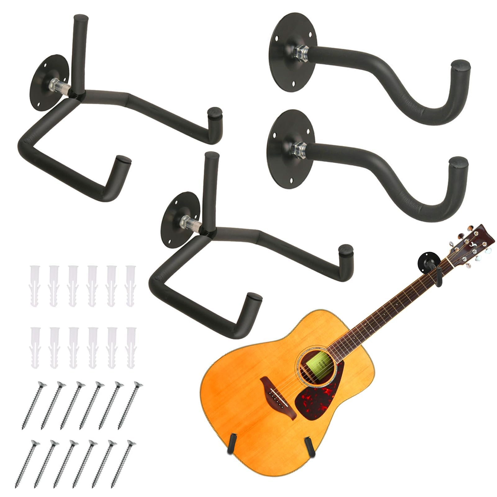 Yumzeco Black 2Pcs Guitar Wall Mount Horizontal Hanger, Acoustic Classical Guitar Hooks Wall Hangers Rack Stand, Metal Guitar-Holder Bracket Display Mount For Guitar-Banjo Mandolin