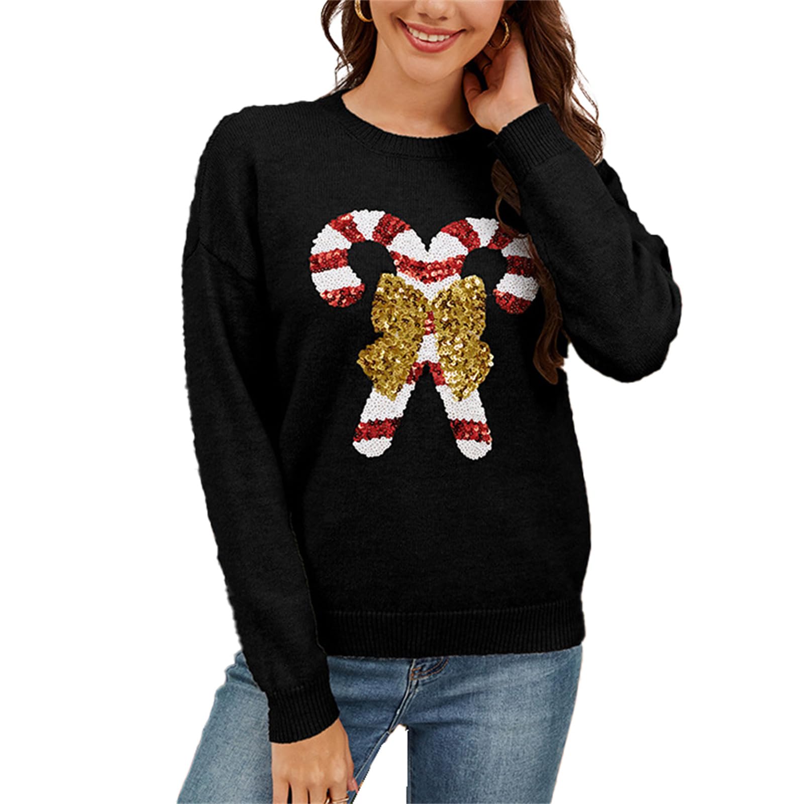 Christmas Sweaters for Women Cute Sequins Christmas Sweater Ugly Xmas Sweater Crewneck Holiday Knit Pullover Tops