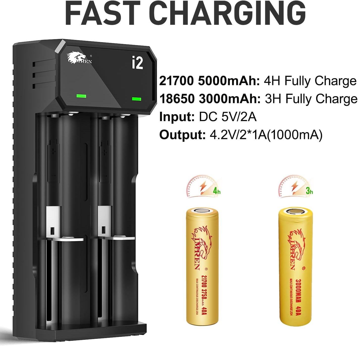 IMREN 18650 Battery Charger,3.7V Battery Charger for 3.7 Volt Li-ion 18650 18350 18500 16340 14500 20700 21700 26650 Battery,1A Fast USB-C 18650 Charger (2 Bay)