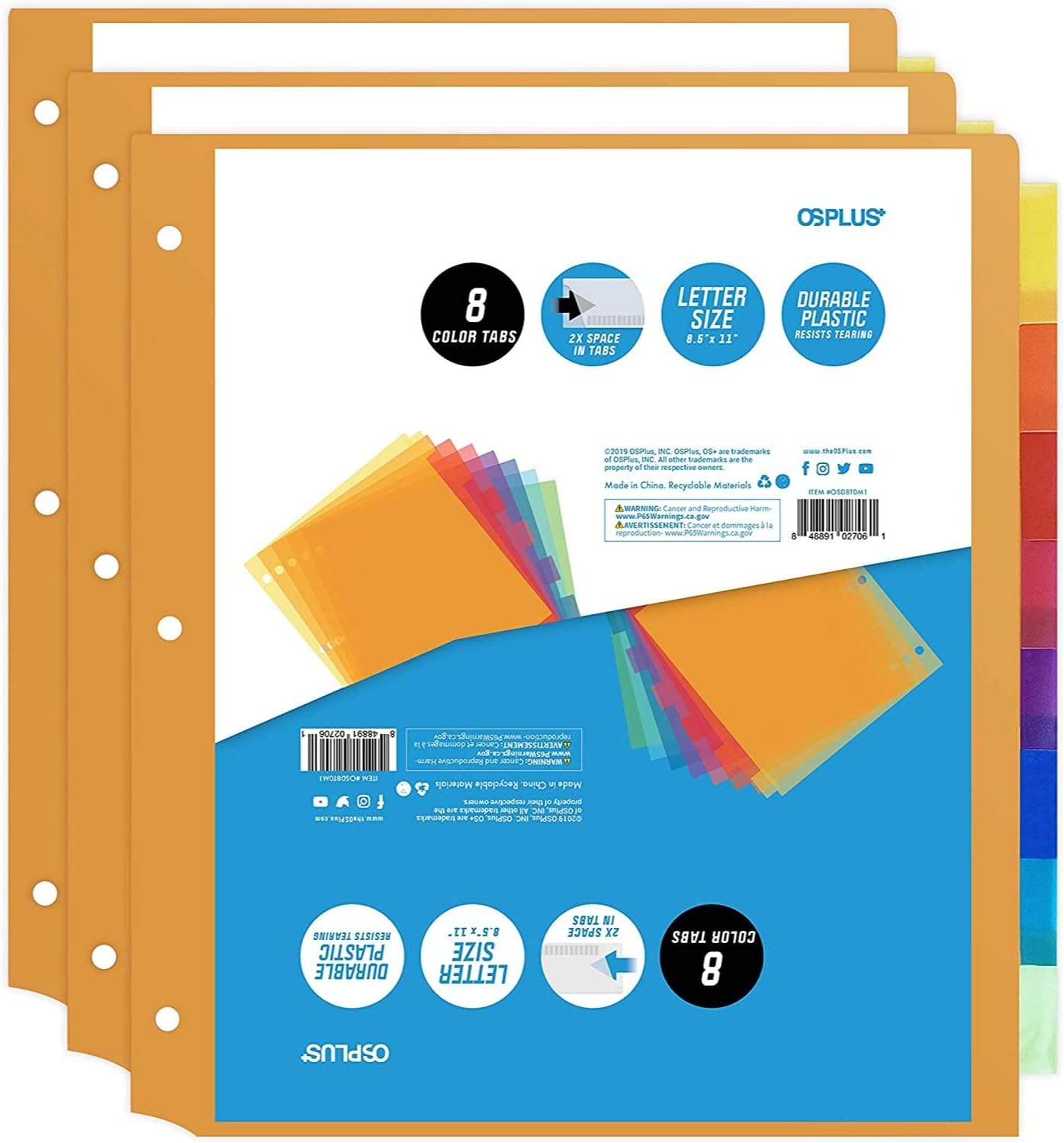8-Tab Plastic Binder Dividers, Insertable Multicolor Big Tabs 3 Set