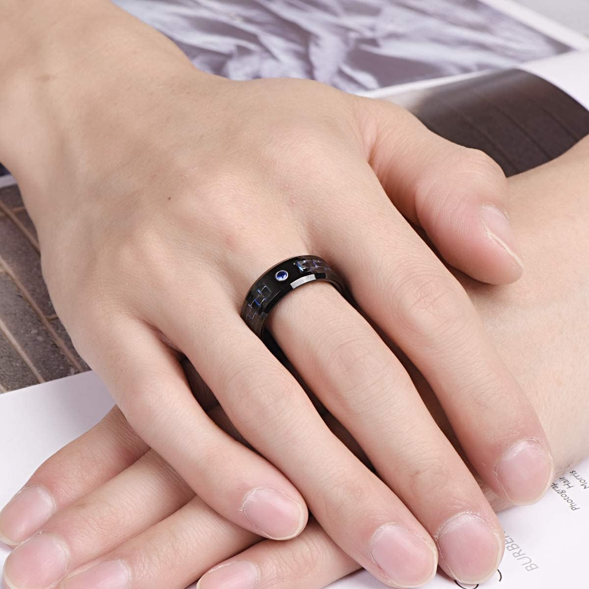 Vakki 8mm Carbon Fiber Tungsten Carbide Wedding Band Rings for Men Women Blue CZ Couple Ring Size 10.5