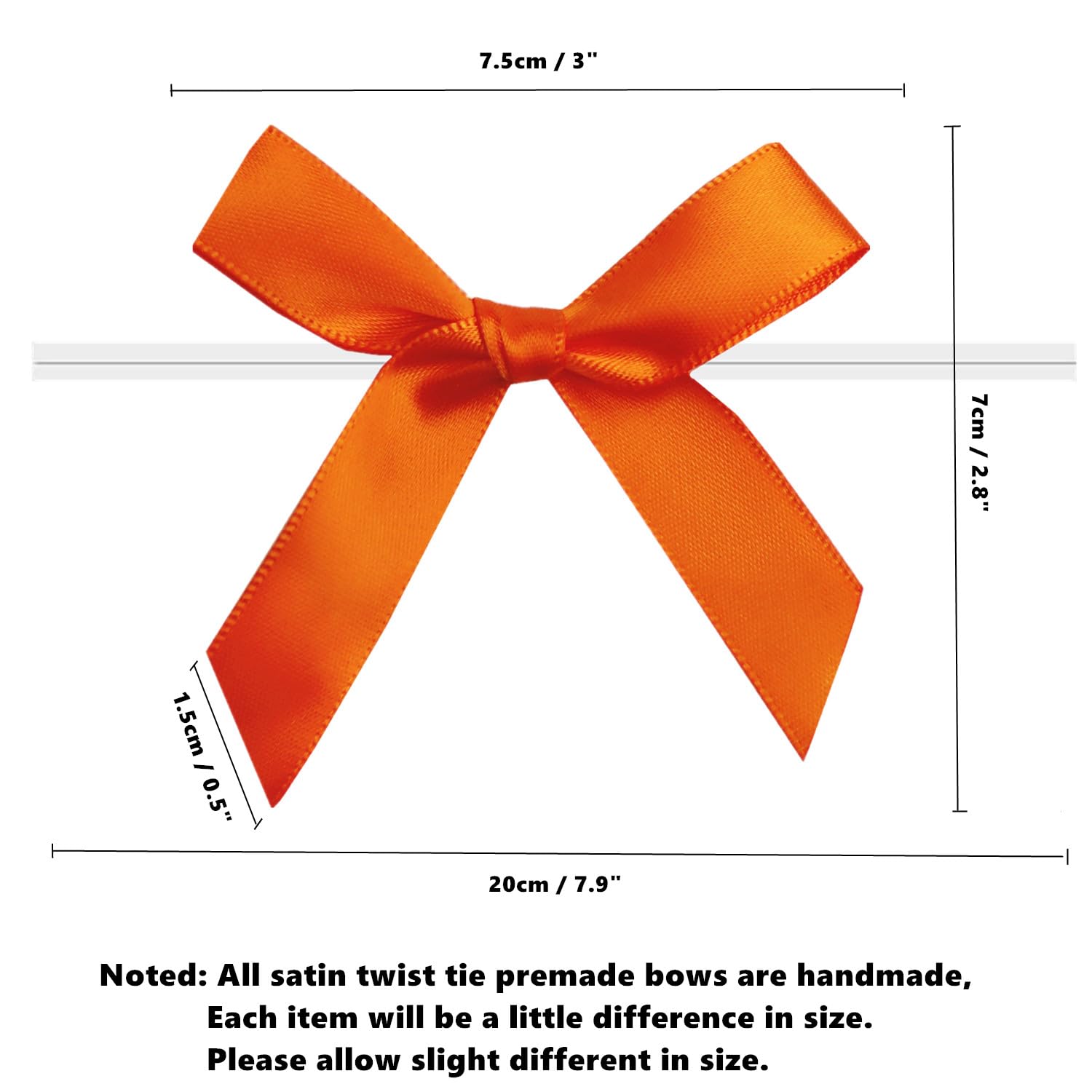 60PCS 3 Inch Orange Twist Tie Bows for Gift Bags, Twist Bows for Treats, Satin Ribbon Bows with Twist Ties Gift Wrap Bows, Pretied Bows for Cake Pops, Party Favors, Baby Shower, Gift Packaging