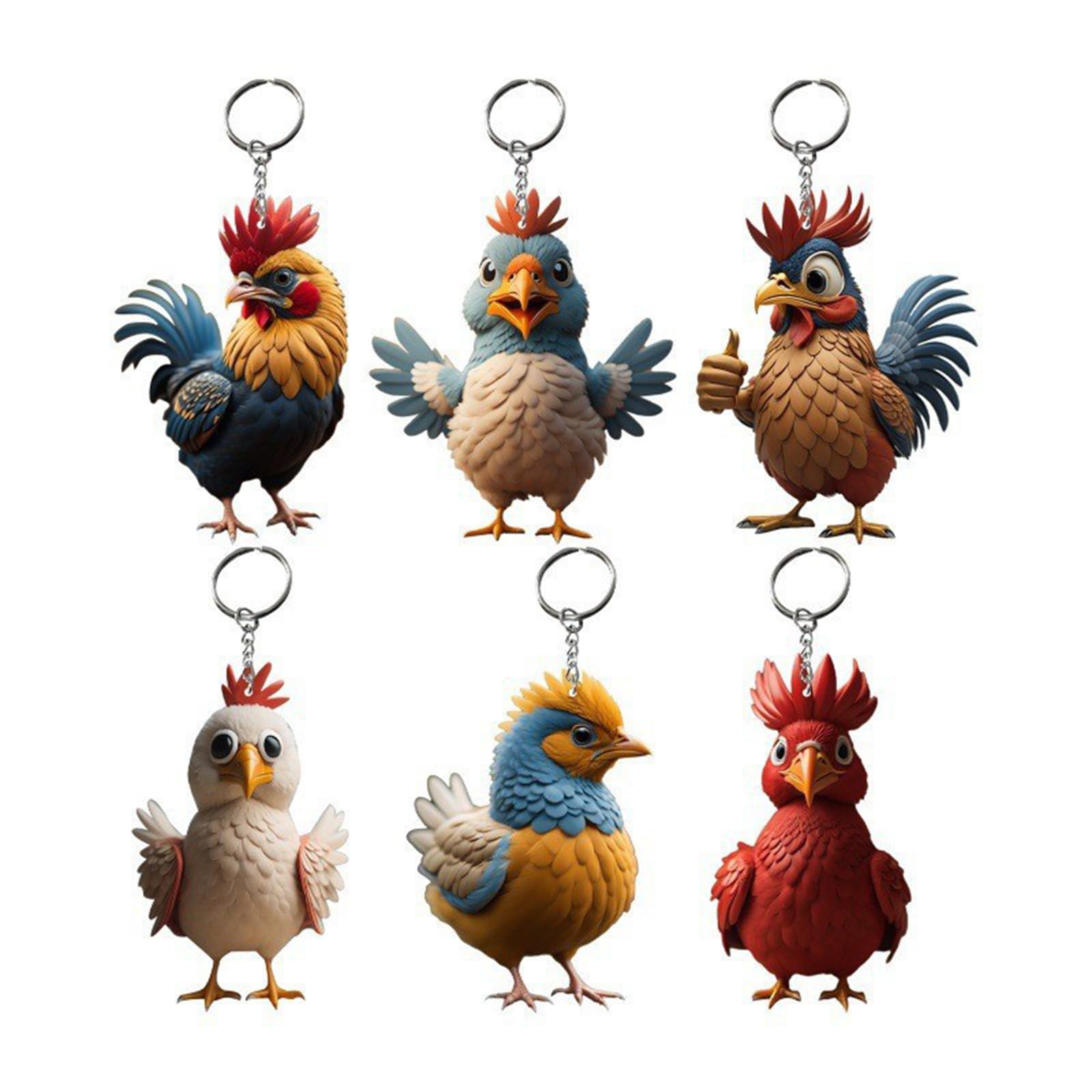 Klaisy 6pcs Multi Functional Keychain Cute Rooster Pendant Keyring Christmas Chicken Chain Ornament For Keys Backpacks Birthday Gift
