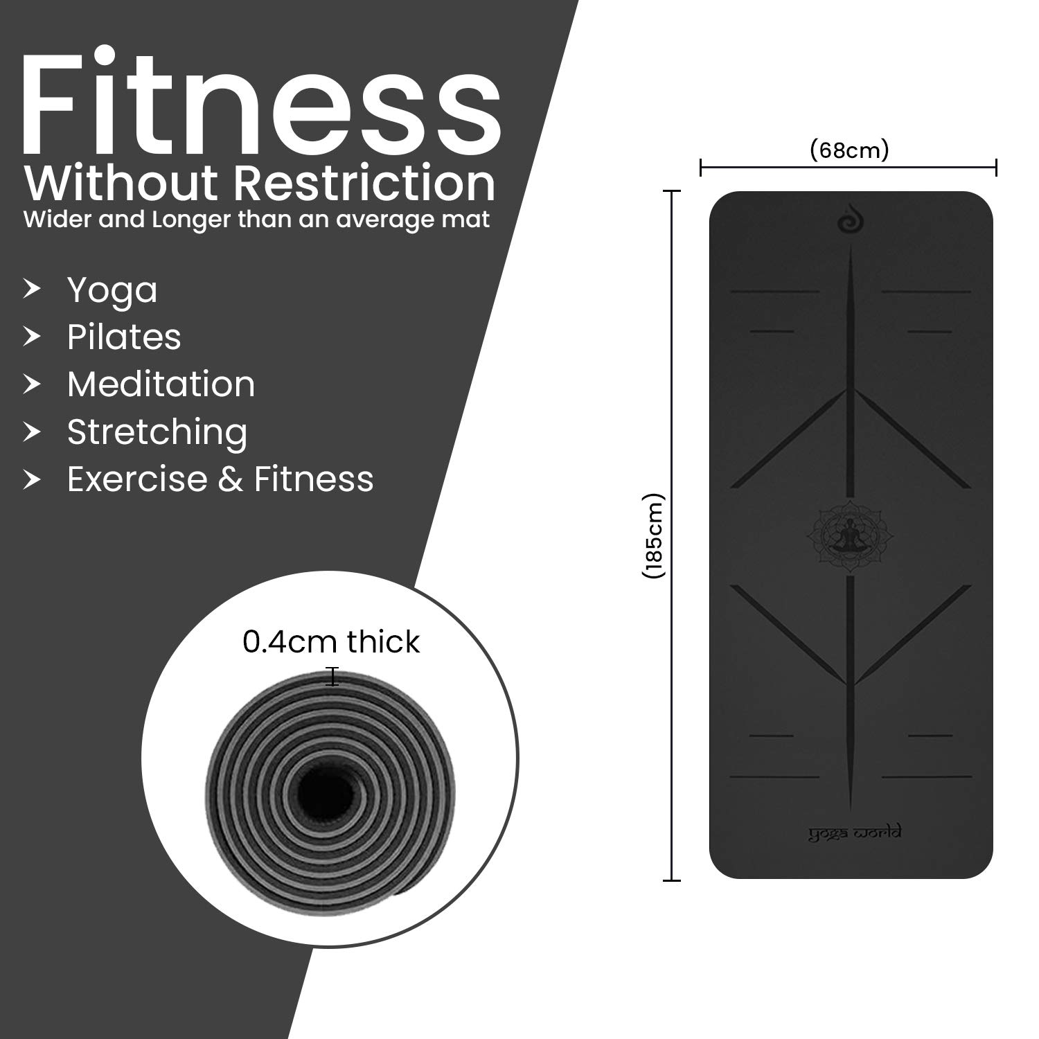 Yoga World Alignment - Esterilla de yoga antideslizante, parte inferior de goma TPE – grueso y duradero para pilates y entrenamiento en casa – Cojín ecológico biodegradable – 182,88 x 66 cm (negro)